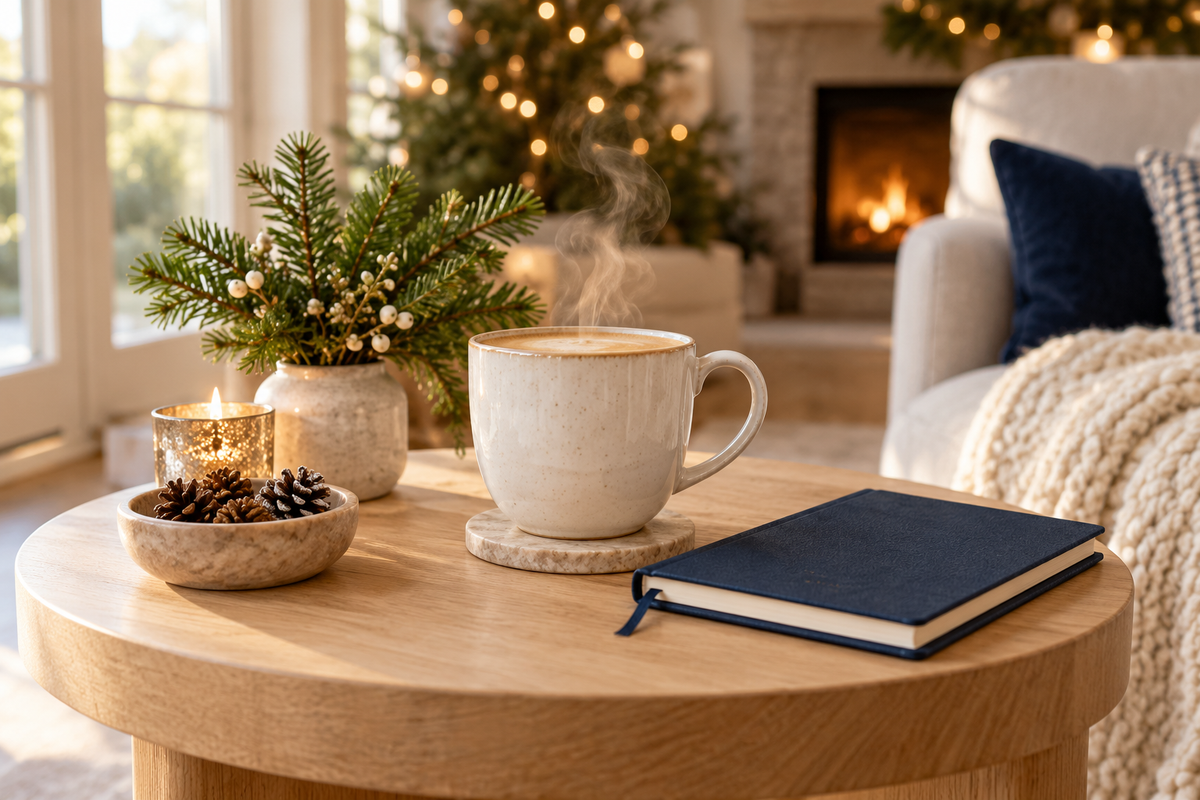 A warm mug and evergreen sprig beside a notebook