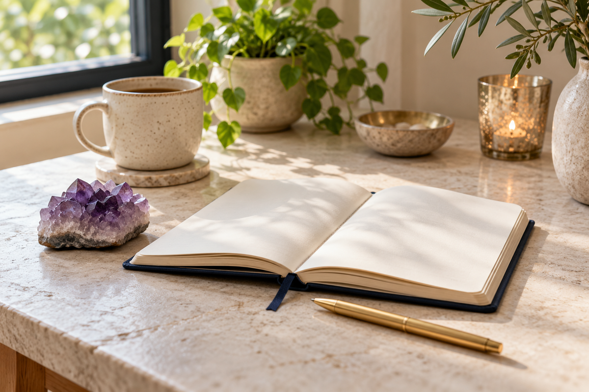 An amethyst crystal beside an open journal
