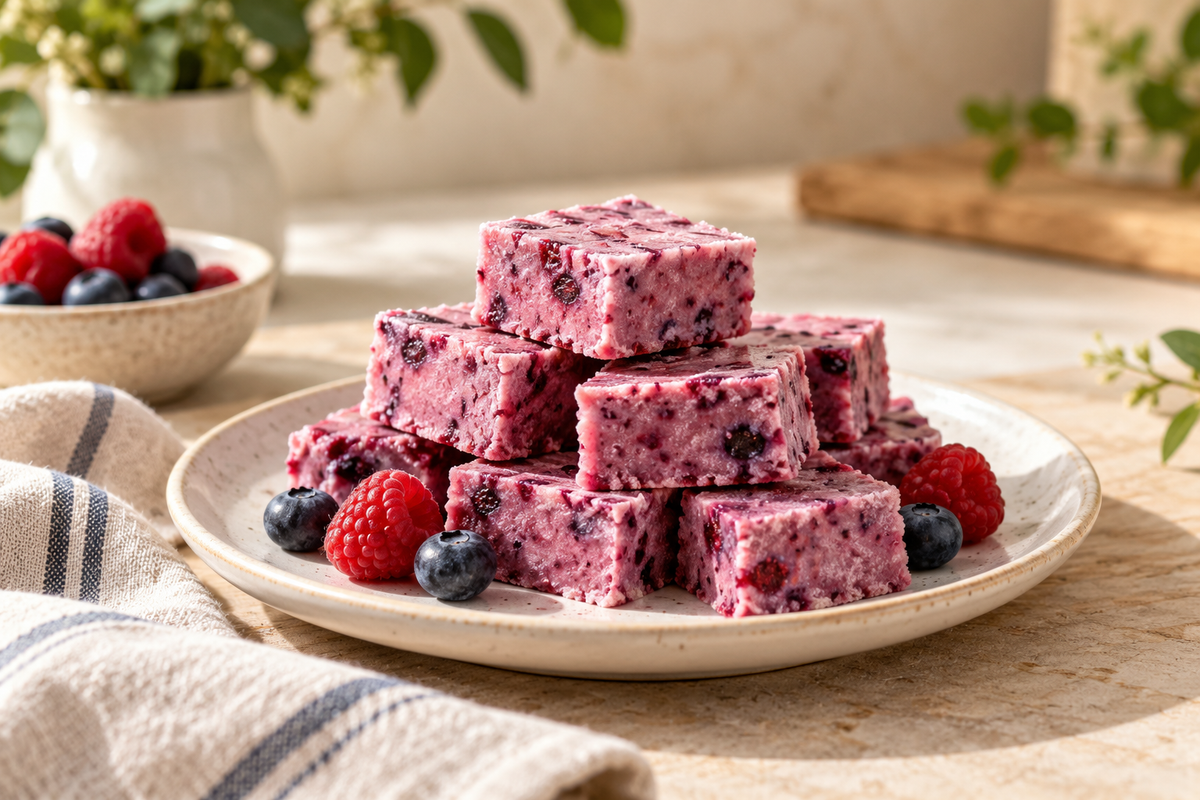 Mixed berry frozen fudge squares with fresh berries