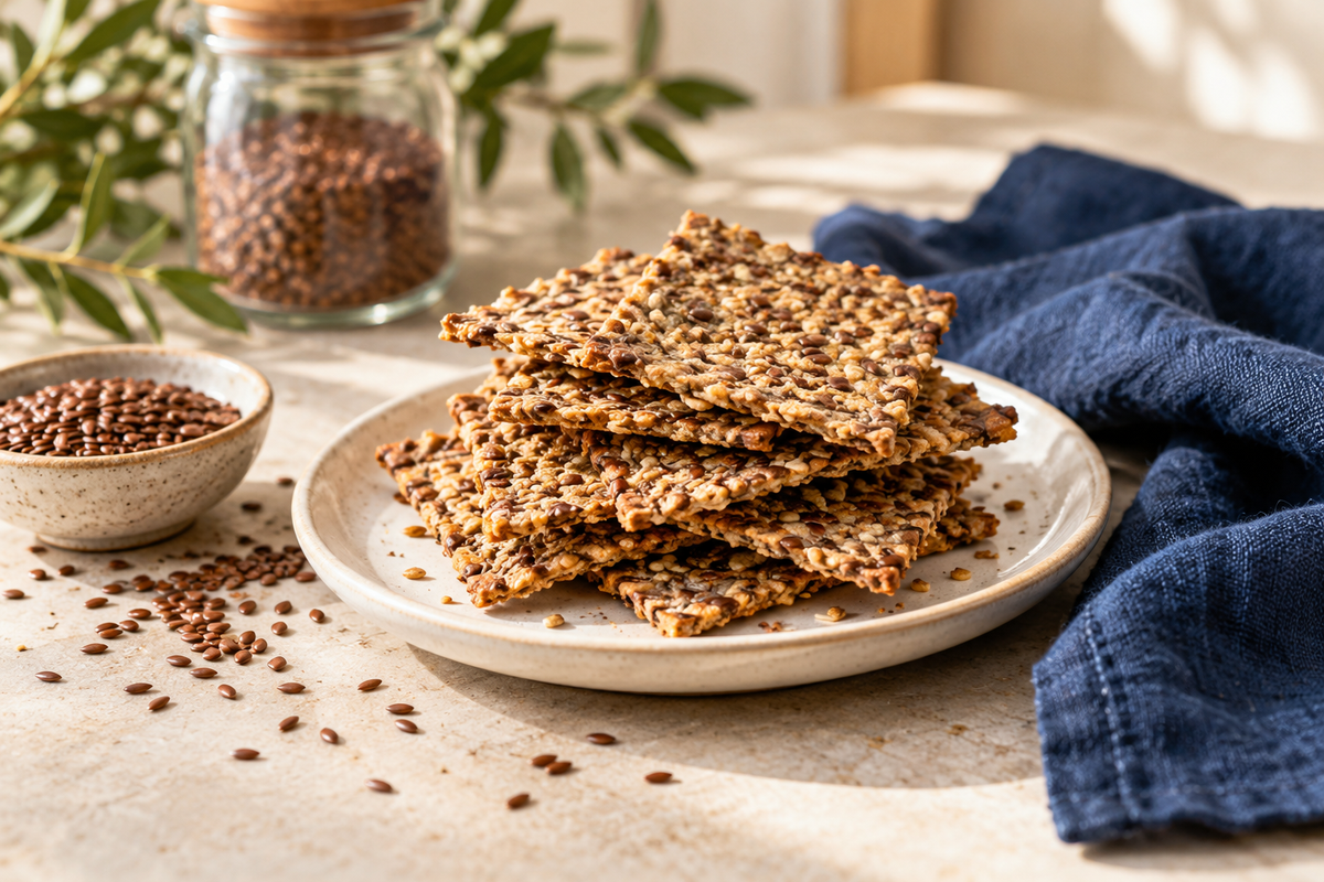 Flax seed crackers on a cream plate