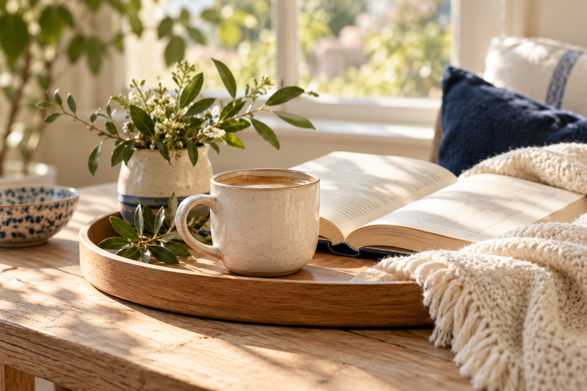 A mug, an open book and a soft knit blanket in morning light