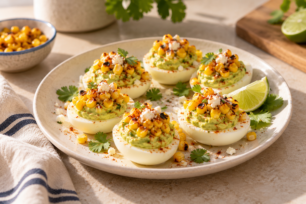 Avocado deviled eggs topped with street corn and Tajin