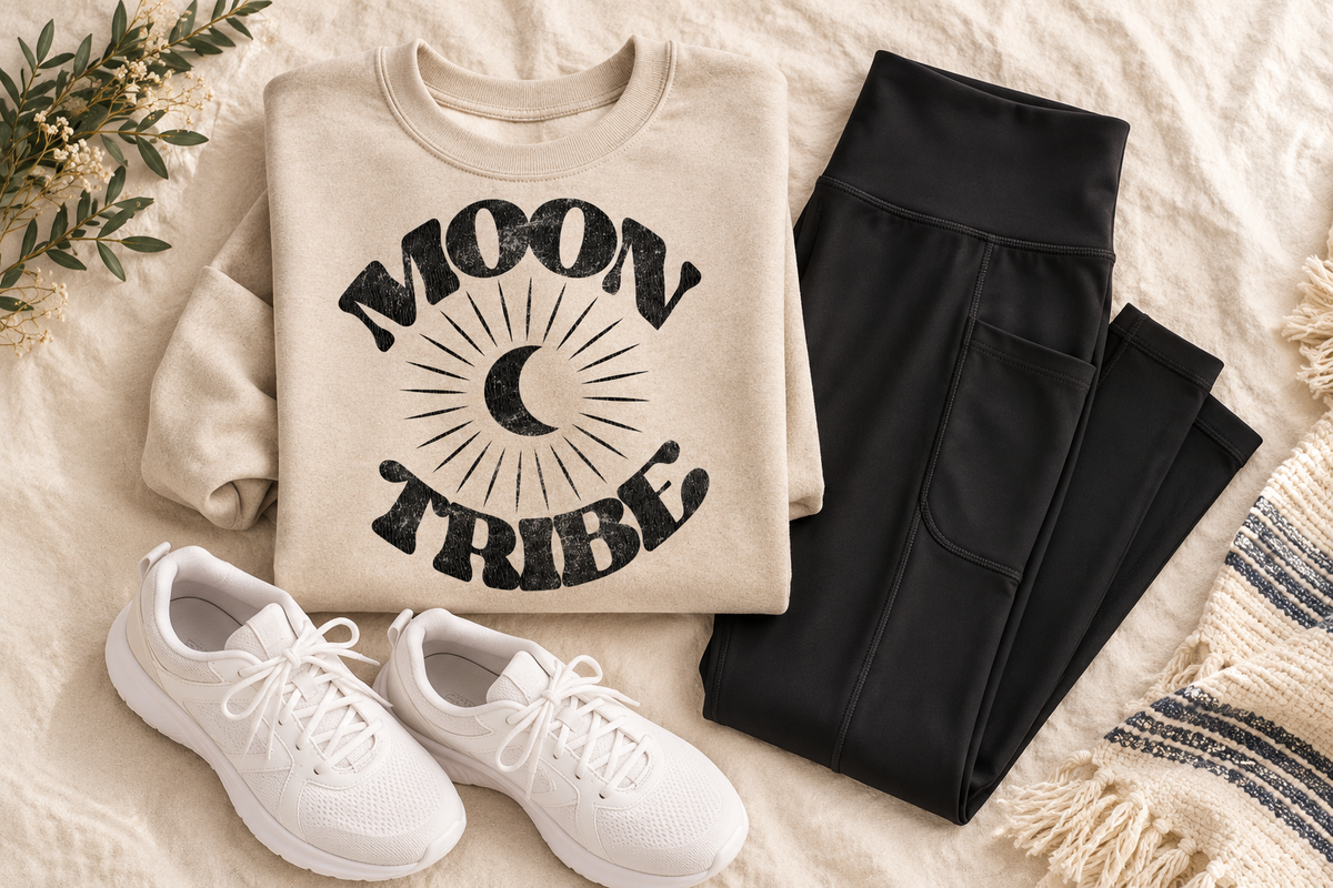House of Caelo Moon Tribe crewneck and BodyLove leggings in an athleisure flat lay