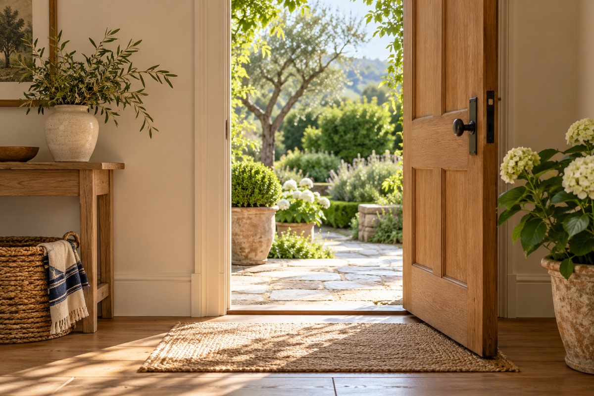 An open door leading into a sunlit garden