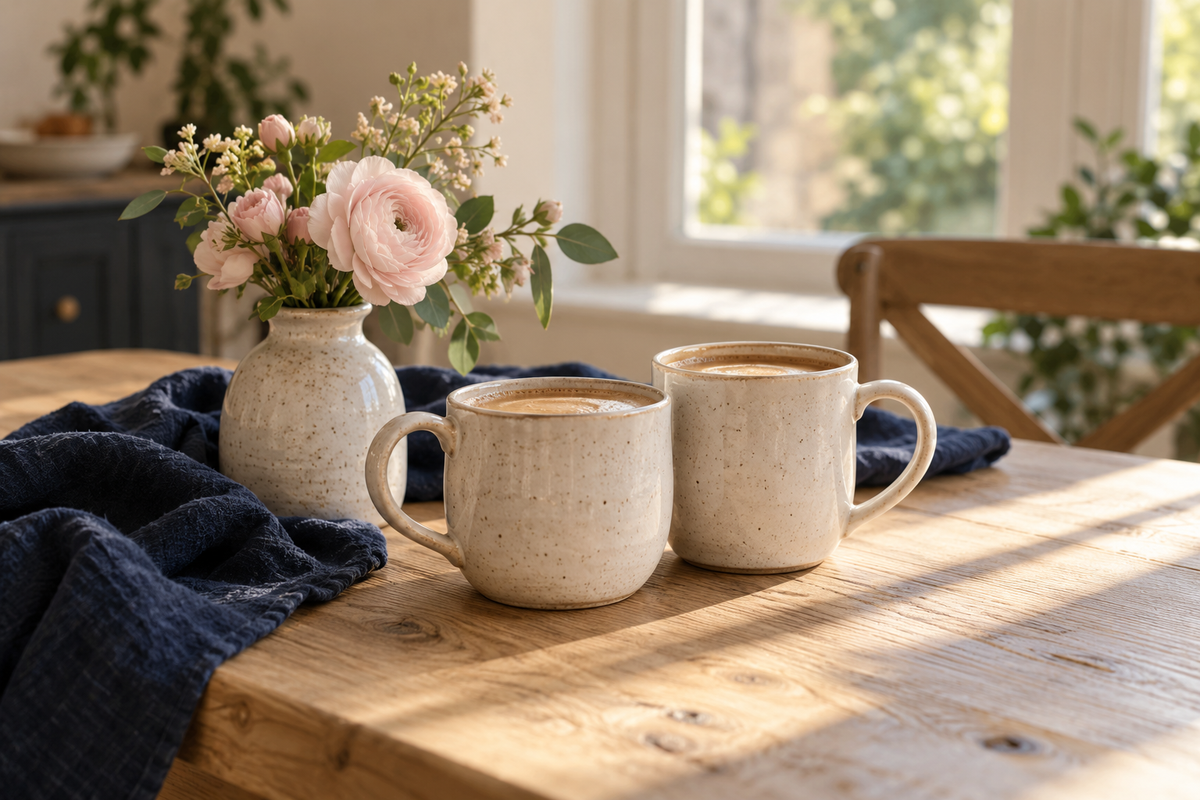 Two mugs and a small vase of blush flowers