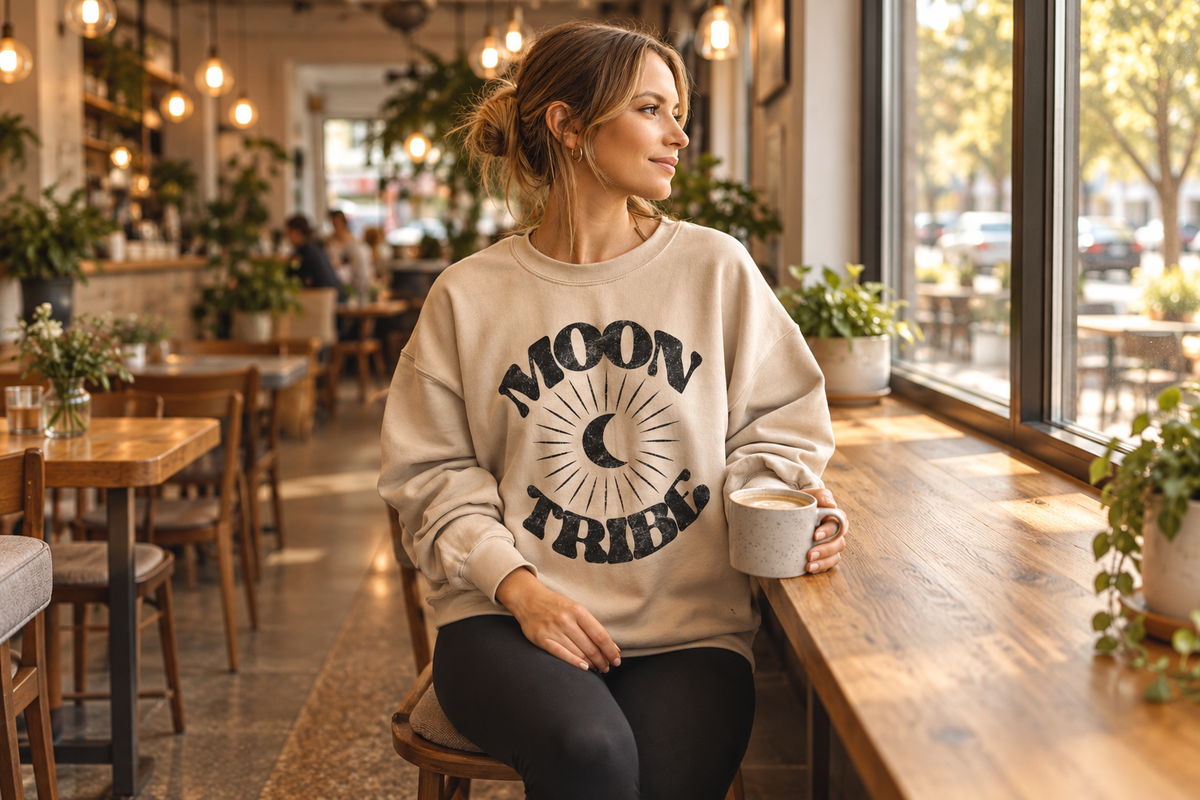 House of Caelo Lunar Essence Moon Tribe sweatshirt styled for a coffee stop