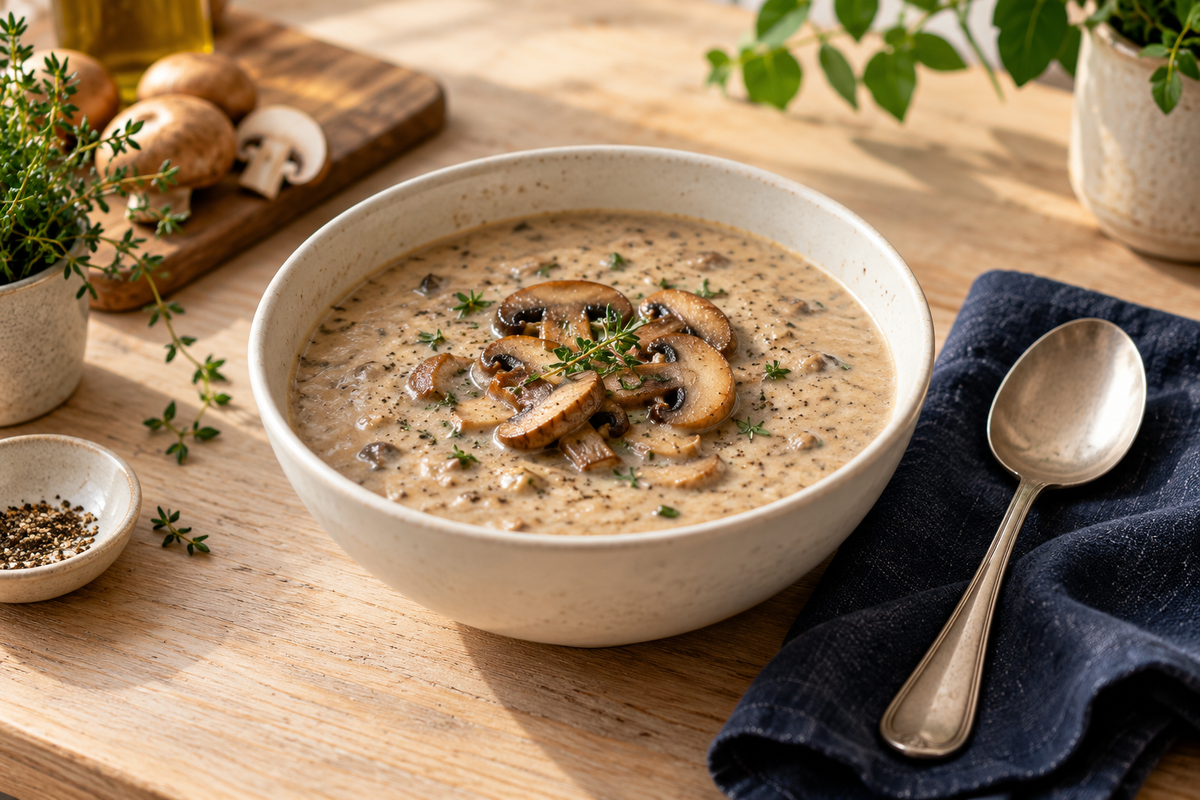 Creamy mushroom soup with sliced mushrooms