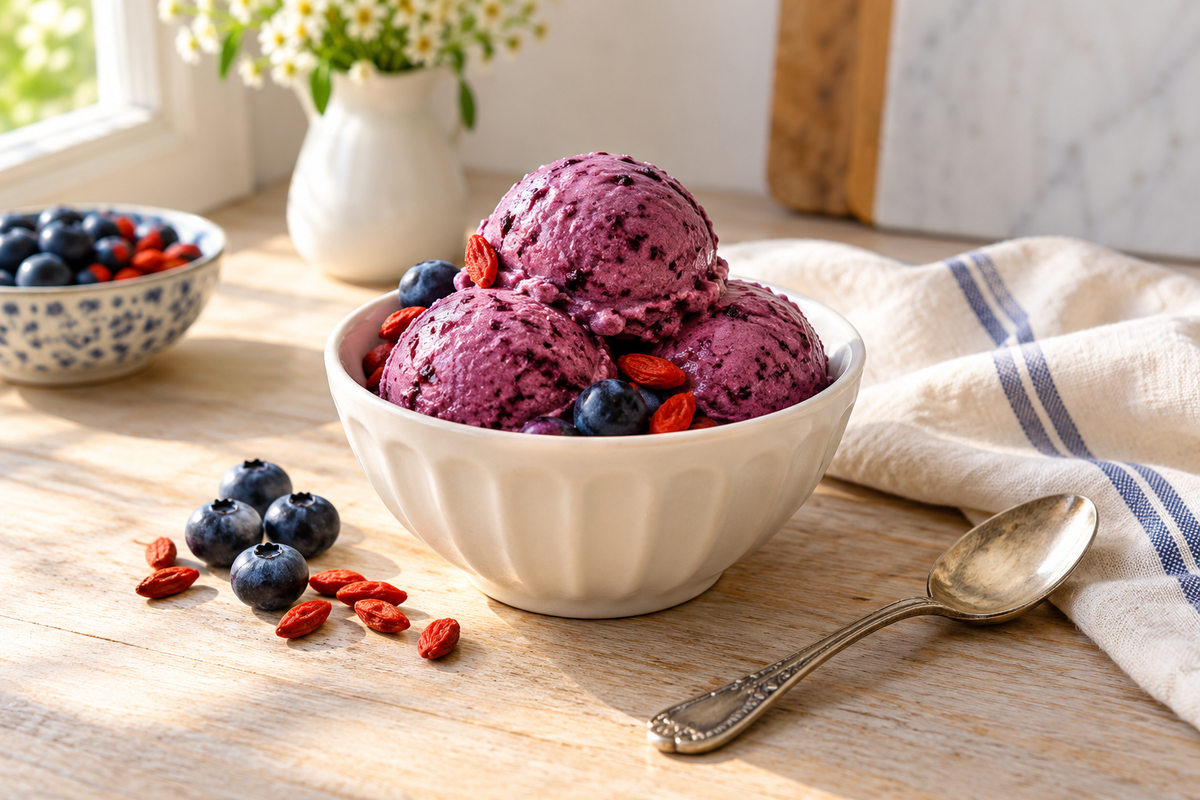 Banana and blueberry frozen dessert with blueberries and goji berries