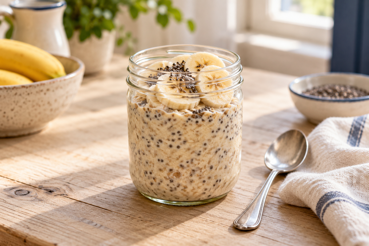 Banana and chia overnight oats in a glass jar