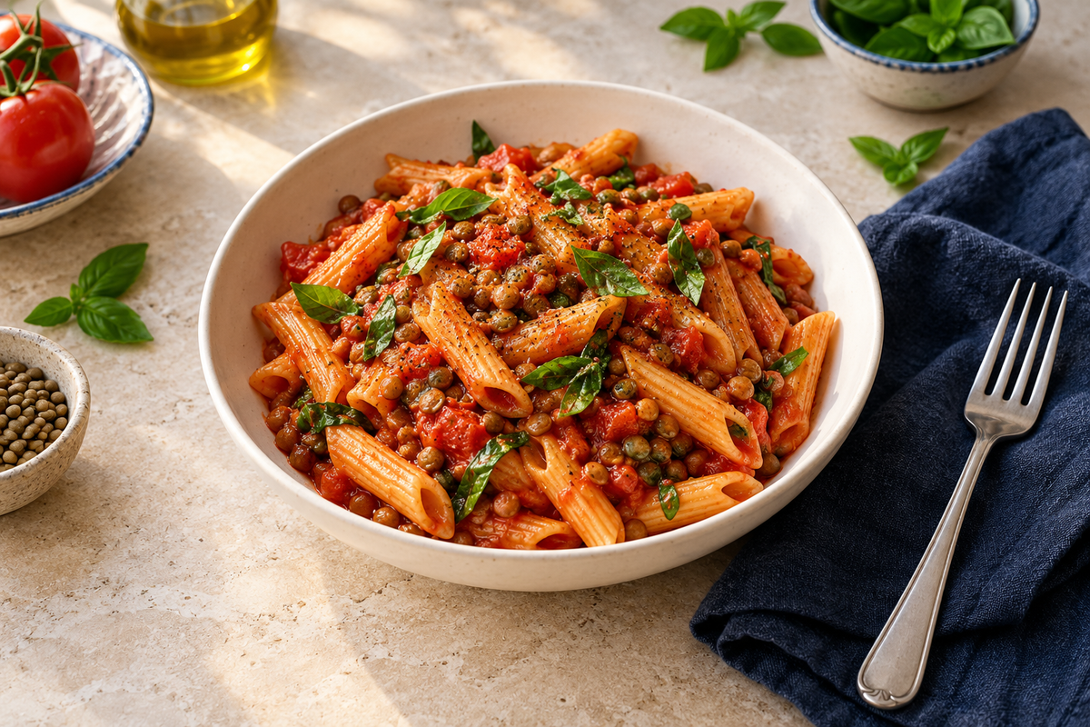 Tomato, basil and lentil pasta in a cream bowl