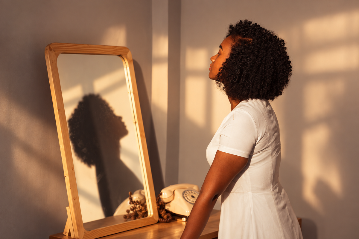 A woman pausing for a moment in front of a mirror