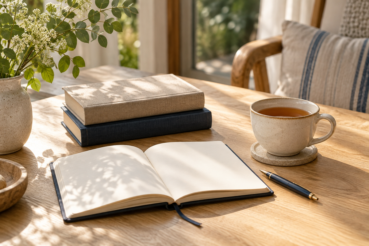 Books, a notebook and tea on a sunlit table