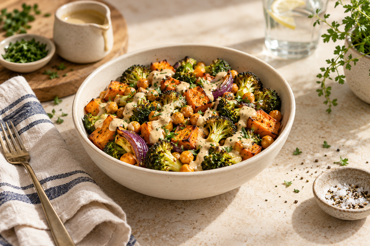 Roasted vegetables and chickpeas with tahini dressing