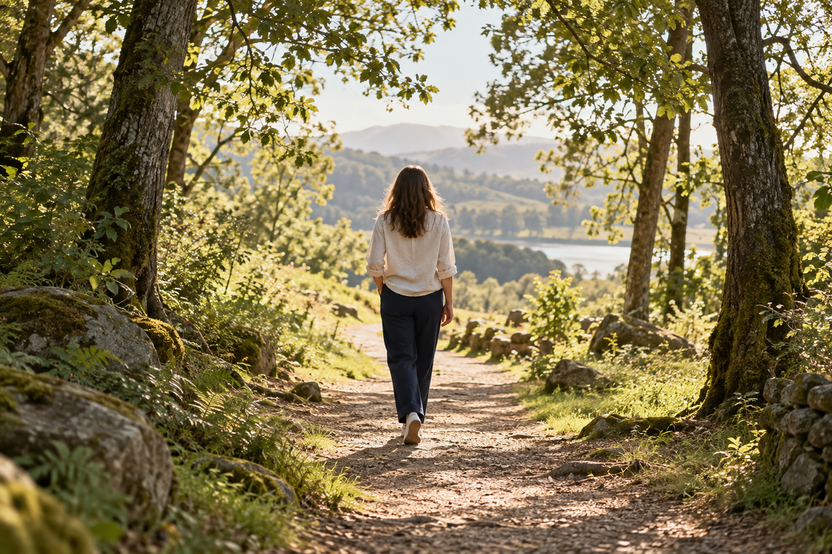 A woman walking along a woodland path toward morning light