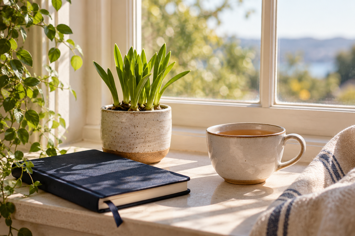 Fresh green shoots beside a journal and cup of tea