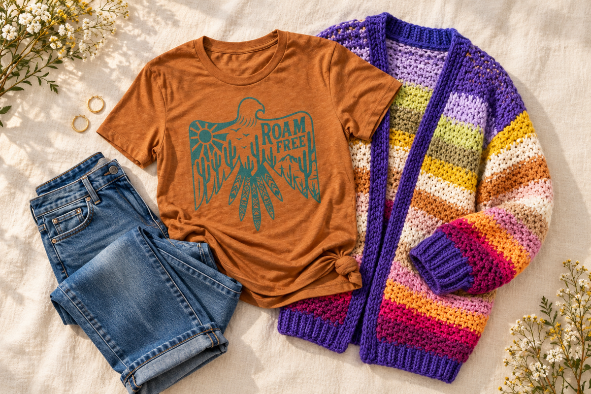Roam Free graphic tee styled with denim and a colorful cardigan