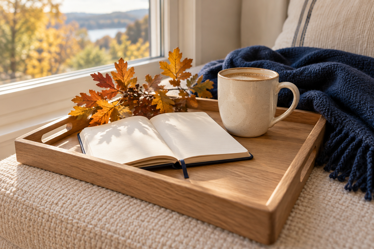 An autumn notebook, warm drink and colorful leaves