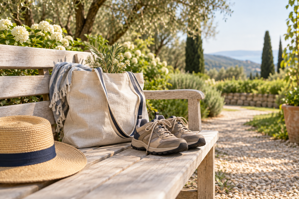 Walking shoes and a linen tote beside a garden path