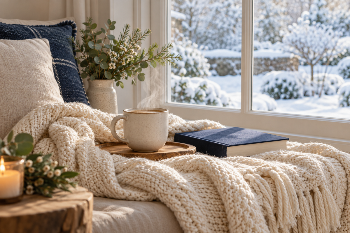 A warm drink and knit blanket beside a snowy window