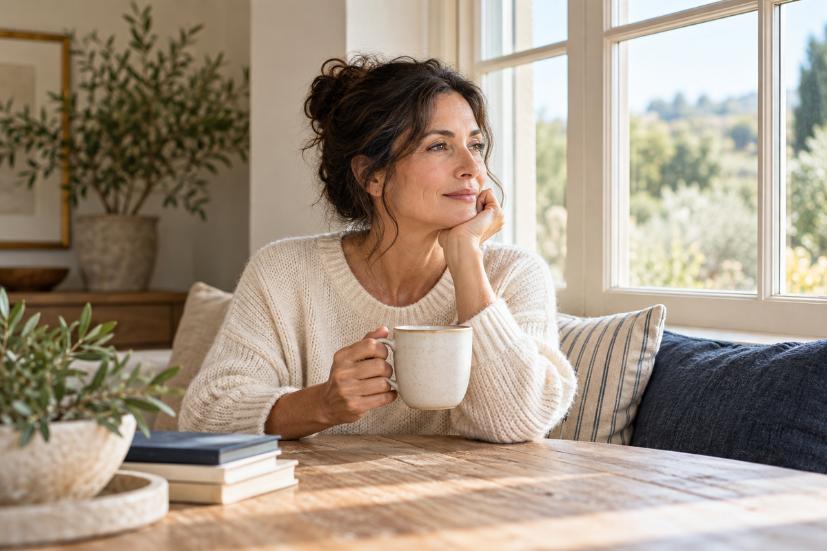 A woman taking a quiet break by a window