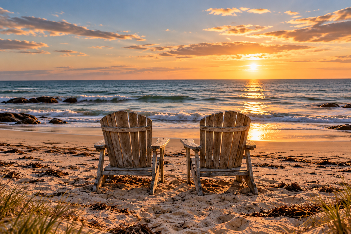 Two beach chairs overlooking the ocean at sunset
