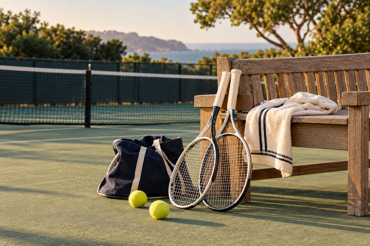 Tennis rackets, a tote and a towel beside an outdoor court
