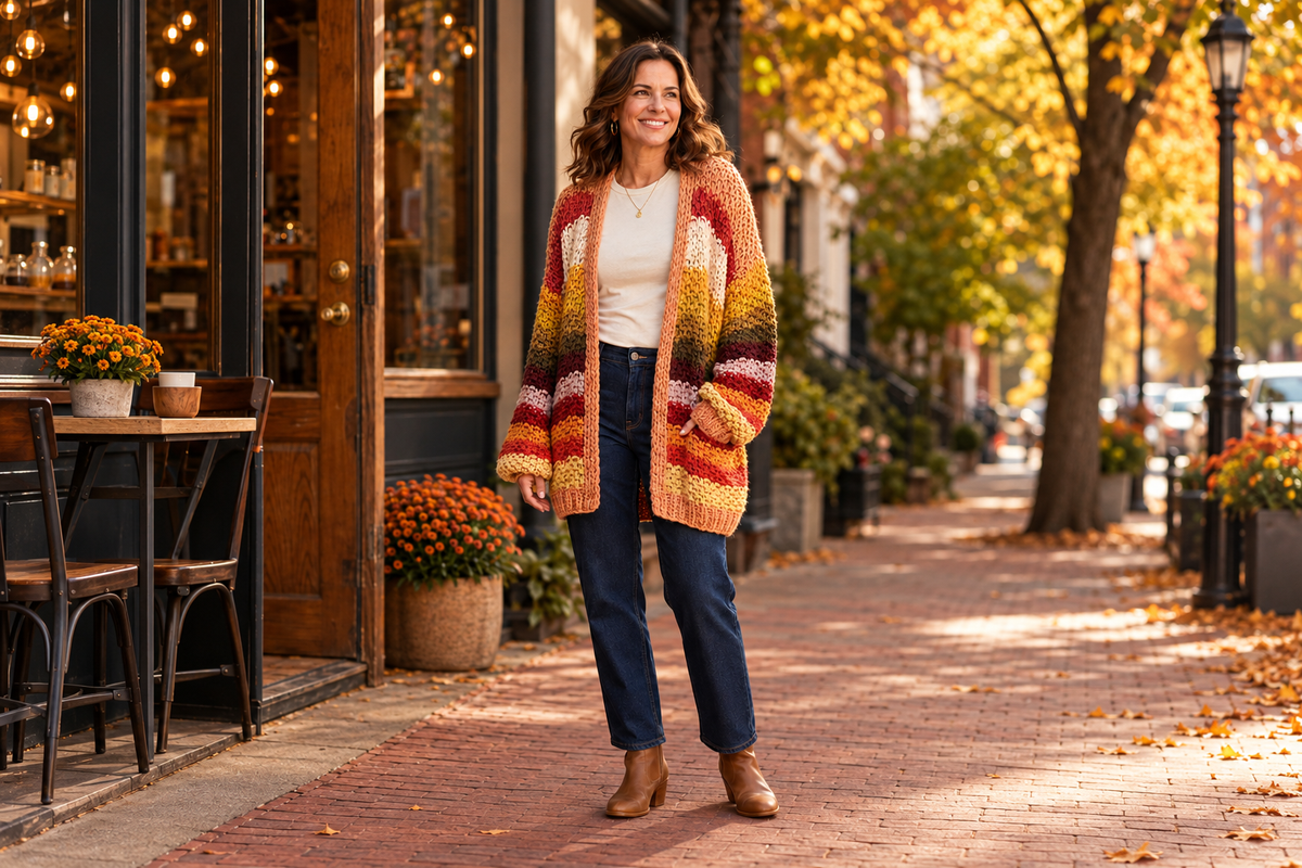Autumn crochet cardigan styled with jeans and boots