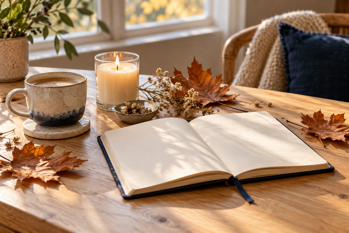 A candle, journal and autumn botanicals in warm light