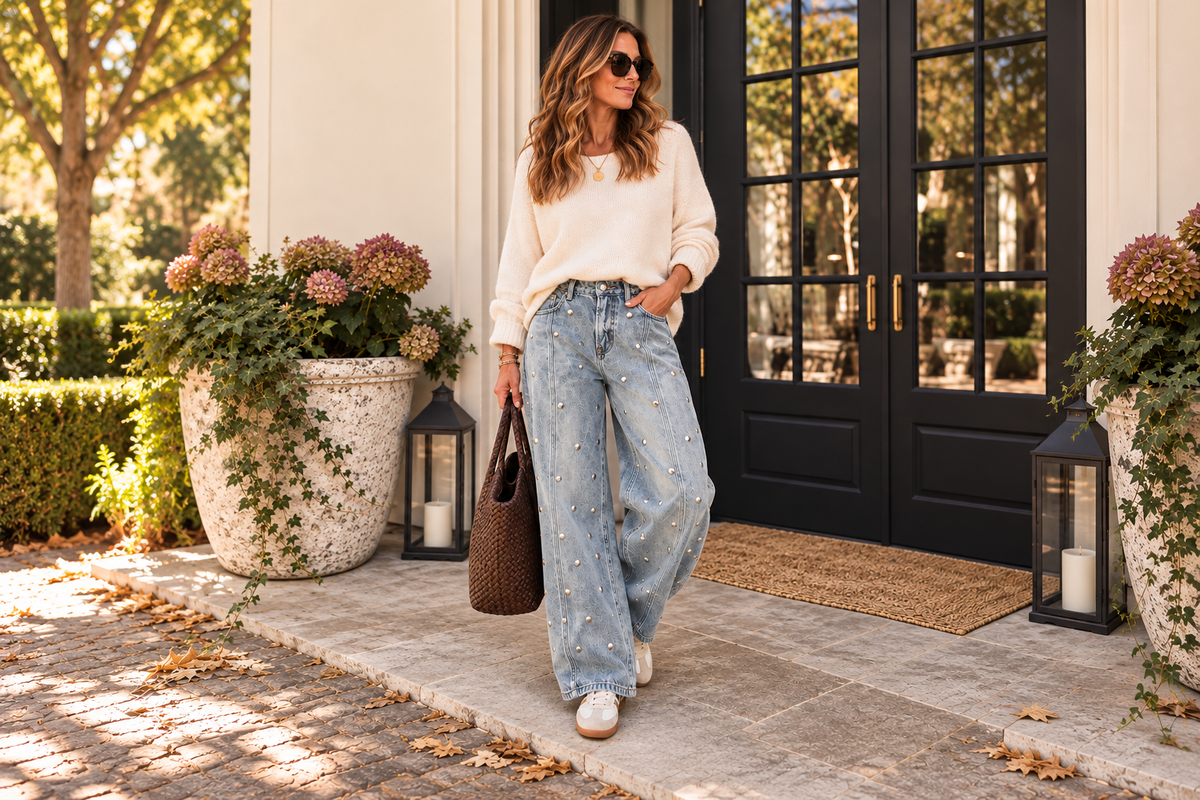 Studded barrel jeans styled with a cream sweater and sneakers