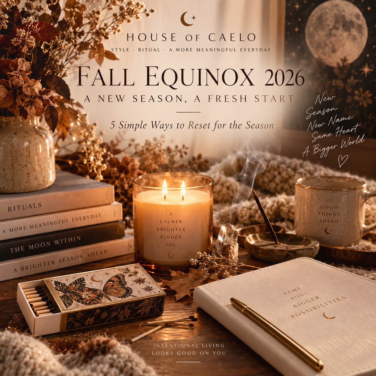 House of Caelo Fall Equinox 2026 reset rituals with candle, journal, incense and autumn botanicals