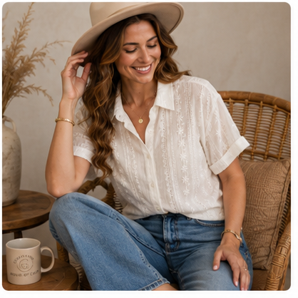 Happy woman wearing the Ivory Garden Lace Button-Down Shirt seated lifestyle view
