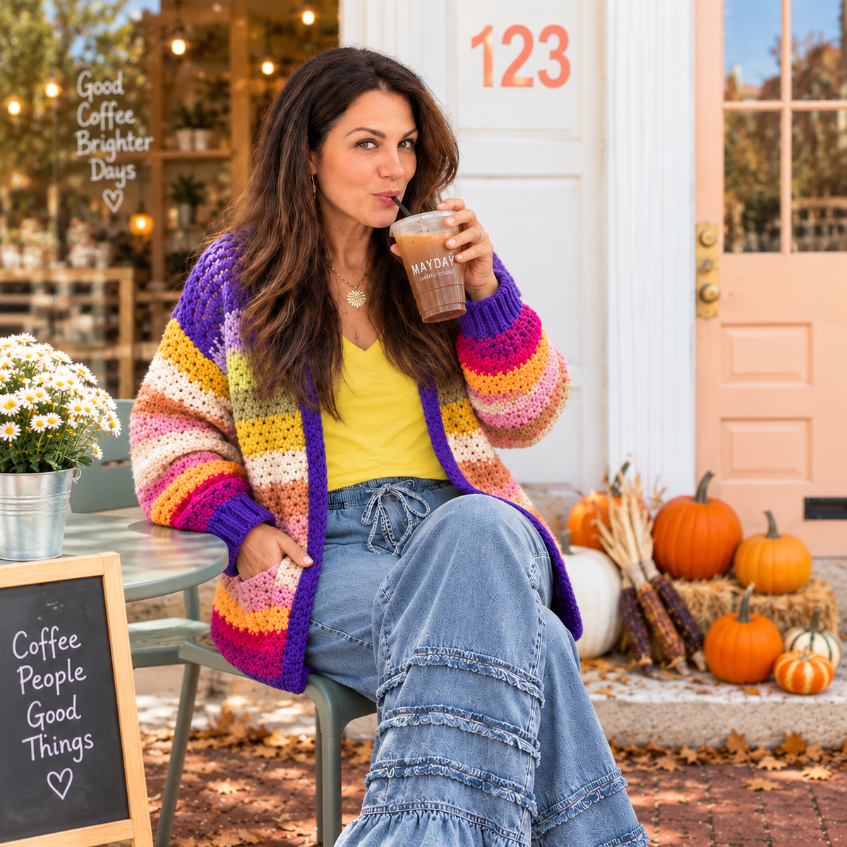 Sunshine Slub V-Neck Tee layered under the Rainbow Hand-Crochet Open Cardigan with chambray palazzo pants