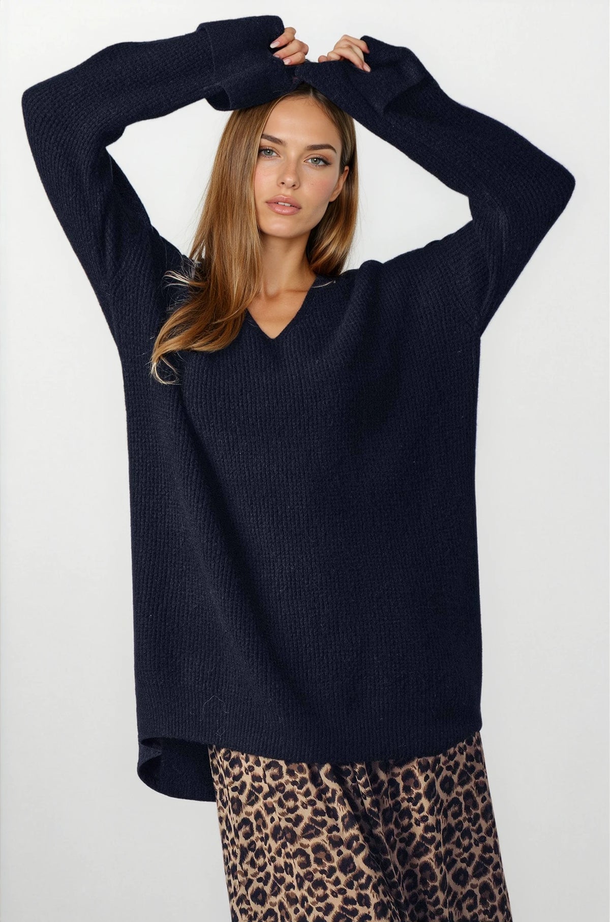 Oversized Knit V-Neck Sweater Tunic Top - House of Caelo Athleisure Wear, Yoga Wear &  Women's Clothing