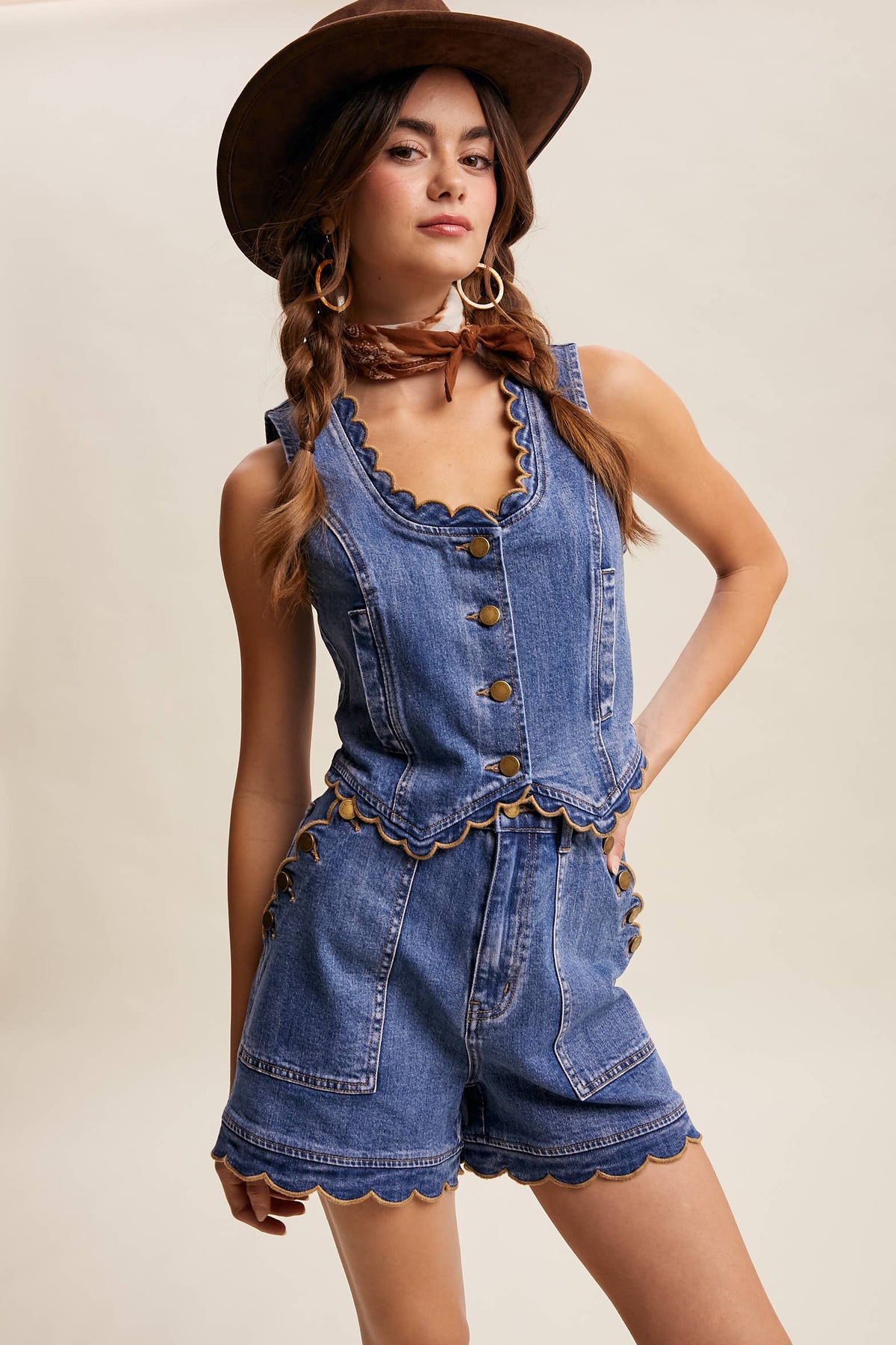 Scallop Trim Stretch Denim Vest LVT030 - Fitkitty Culture Athleisure Wear, Yoga Wear &  Women's Clothing