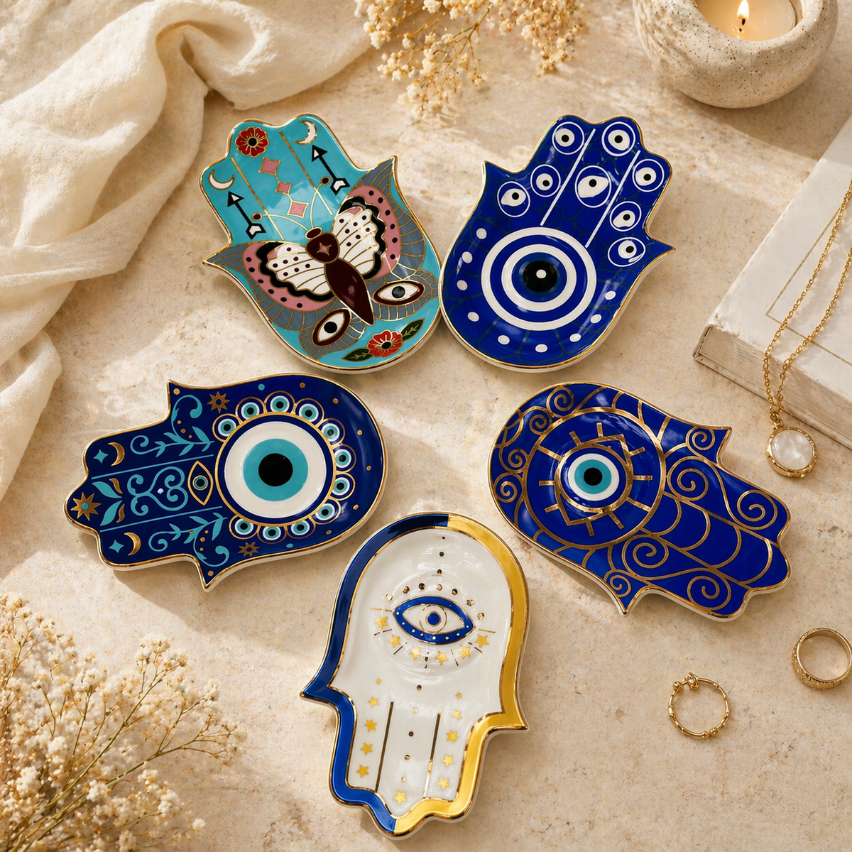 Sacred Eye Hamsa Dish Collection | Decorative Trinket Dishes — styled lifestyle view