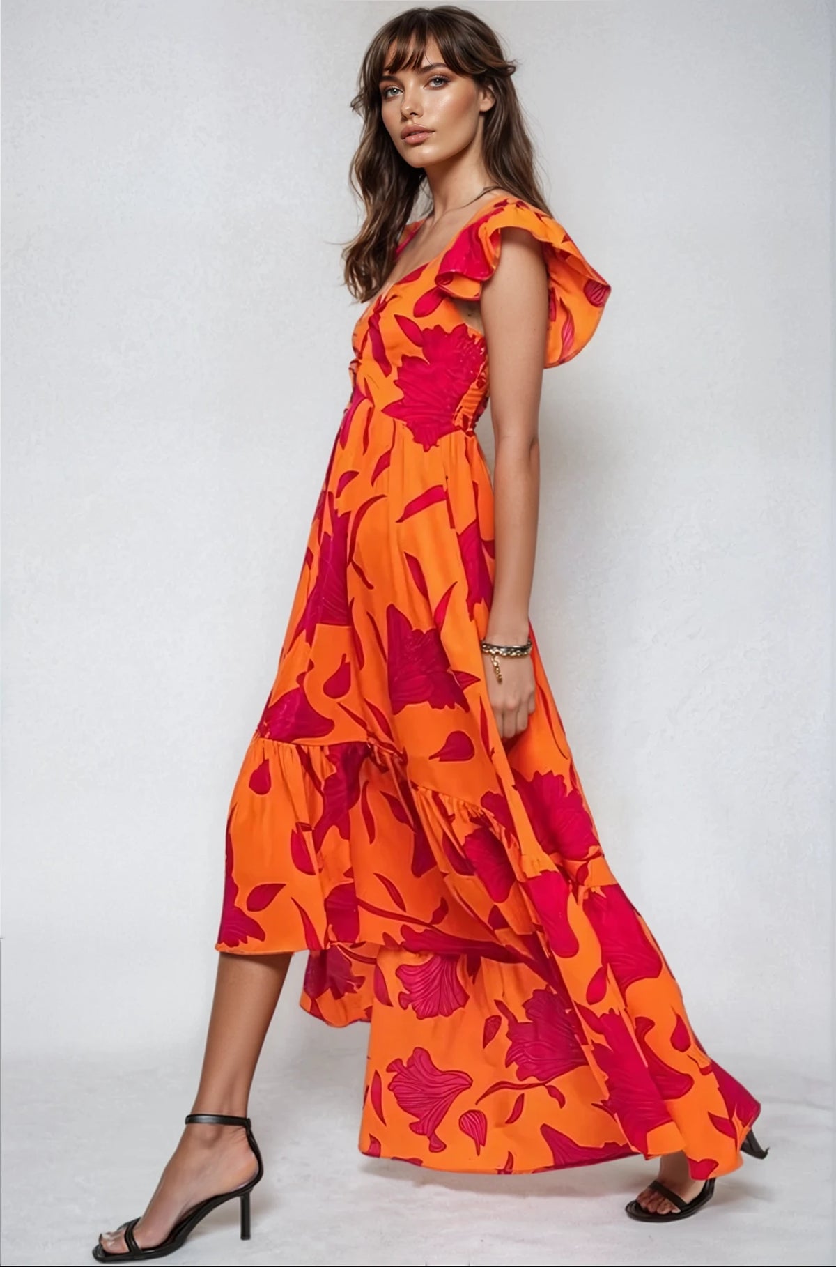 Vibrant Fire Floral High Low Maxi Dress - House of Caelo Athleisure Wear, Yoga Wear &  Women's Clothing