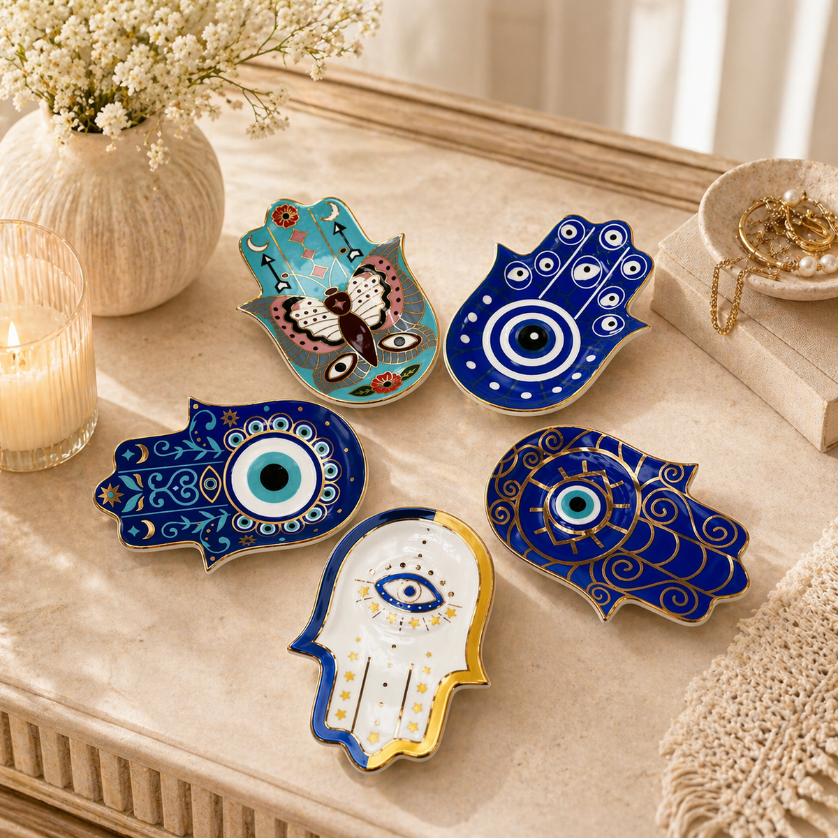 Ceramic Sacred Eye Hamsa trinket dishes with evil eye and celestial details