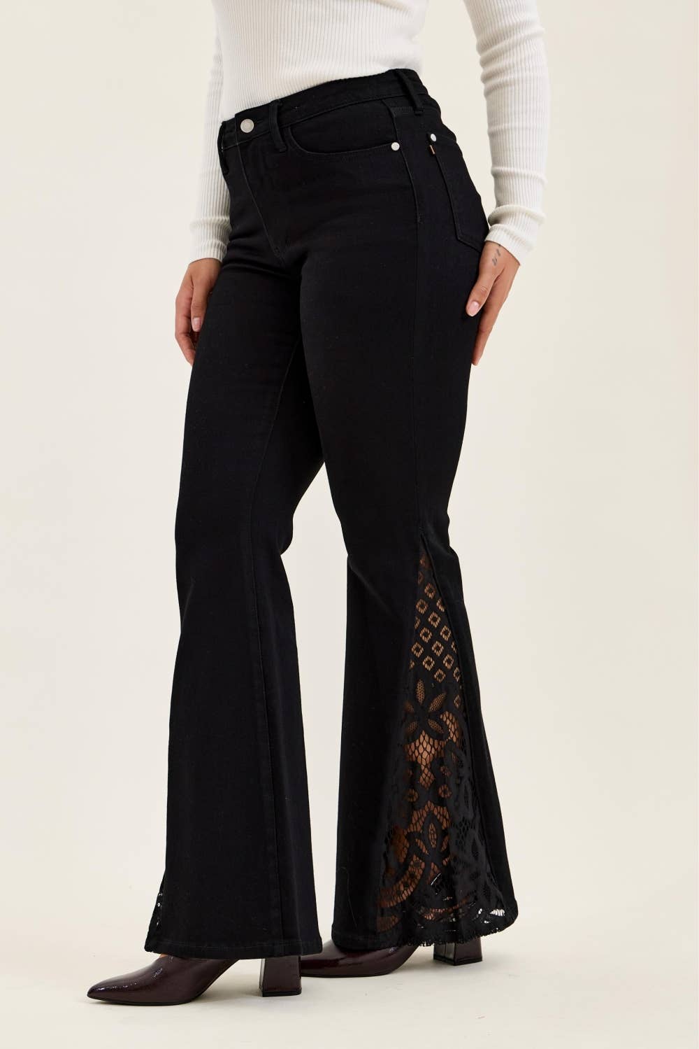 Jaqueline Lace Hem Ultra Flare Jeans - Shadow Black, view 6 | Fitkitty Culture®