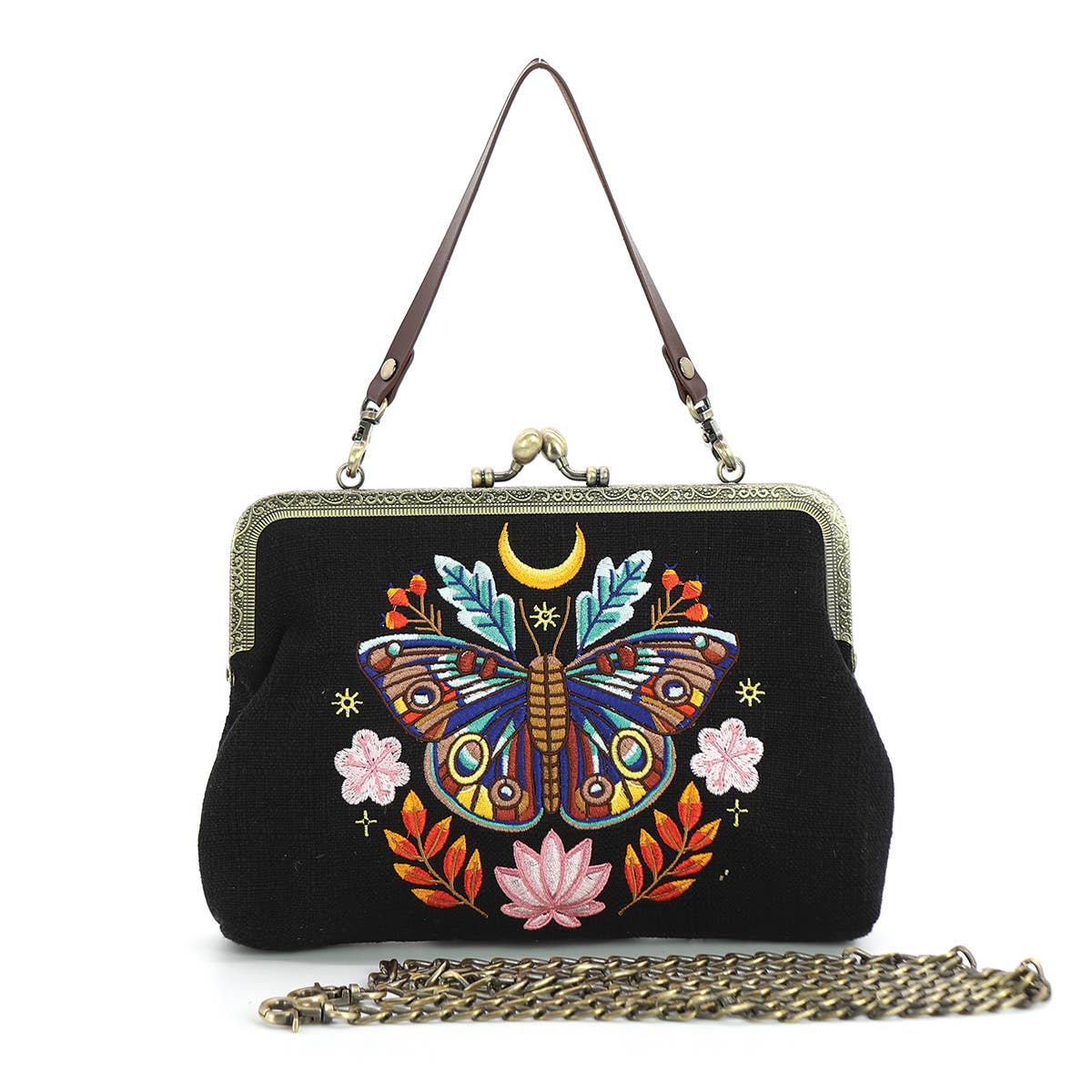 Handmade vintage kisslock purse with moon moth embroidery