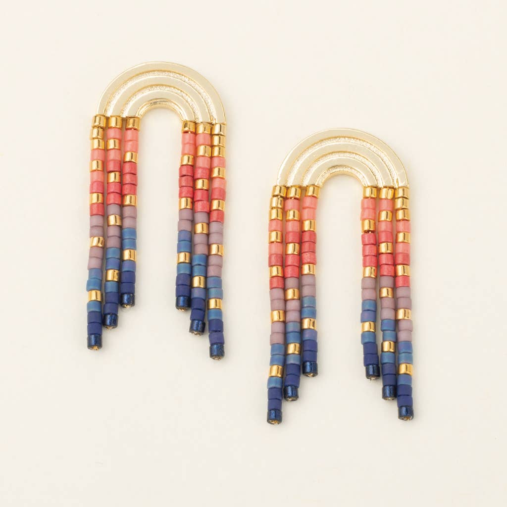 Handcrafted Miyuki beaded earrings with rainbow fringe and gold dip