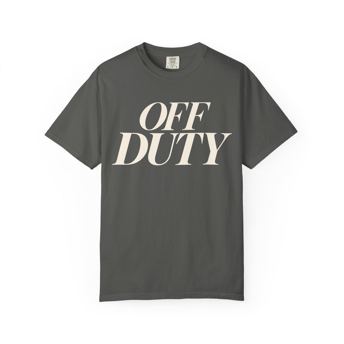 Off Duty garment-dyed tee in Pepper with cream lettering, front view