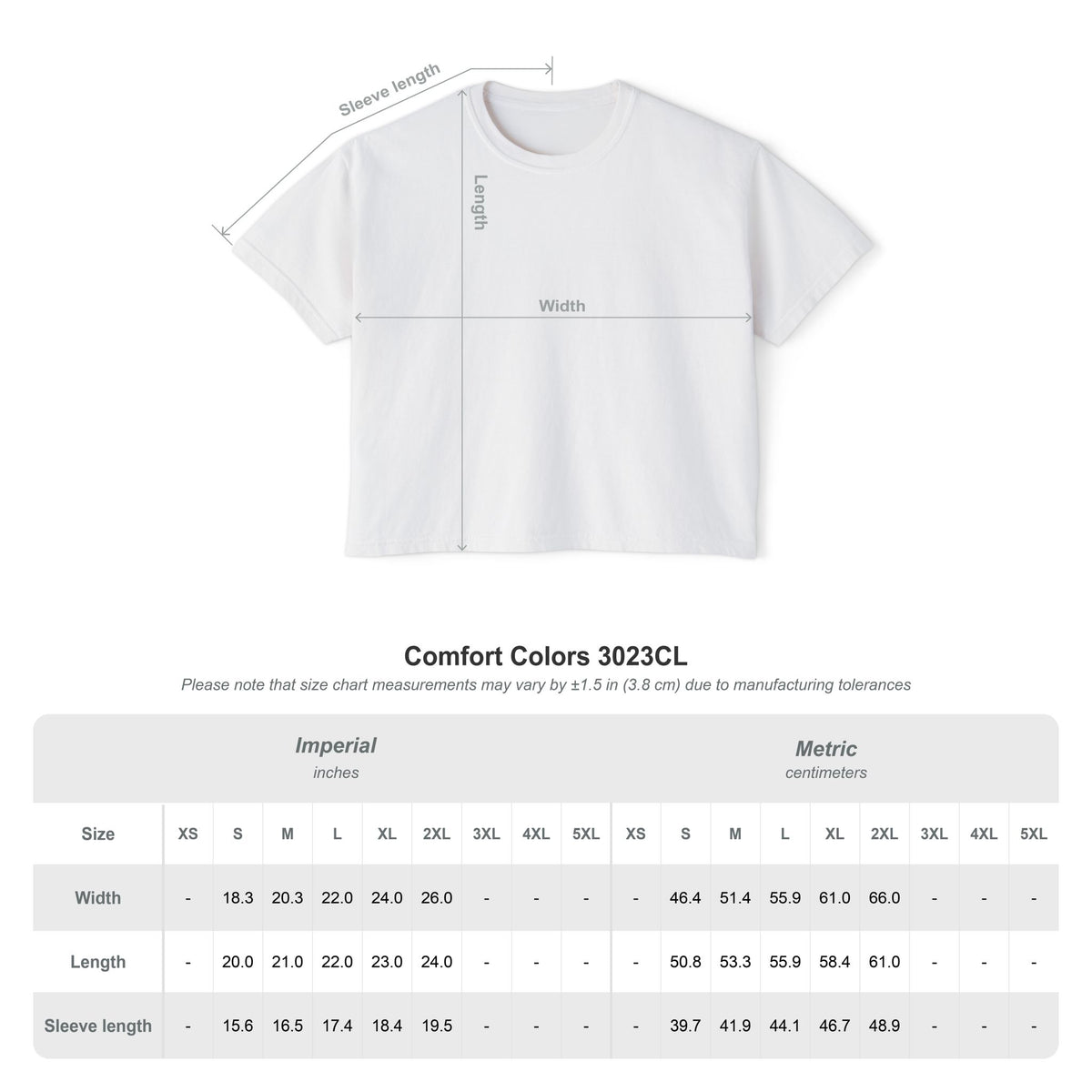 Cozy Moon Tribe cropped boxy tee size chart with width, length and sleeve measurements