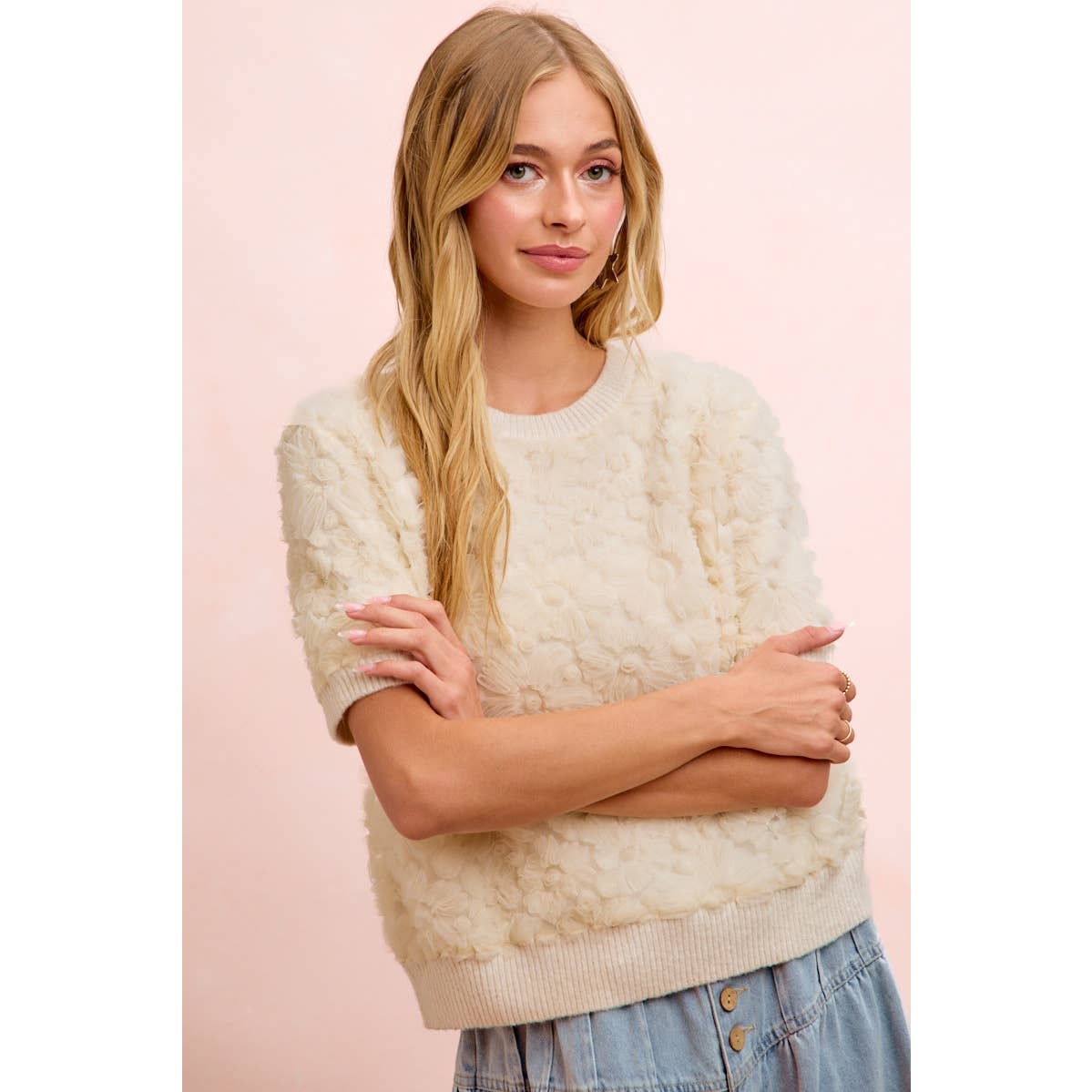 Ivory Bloom 3D Floral Knit Top, view 4 | Fitkitty Culture®