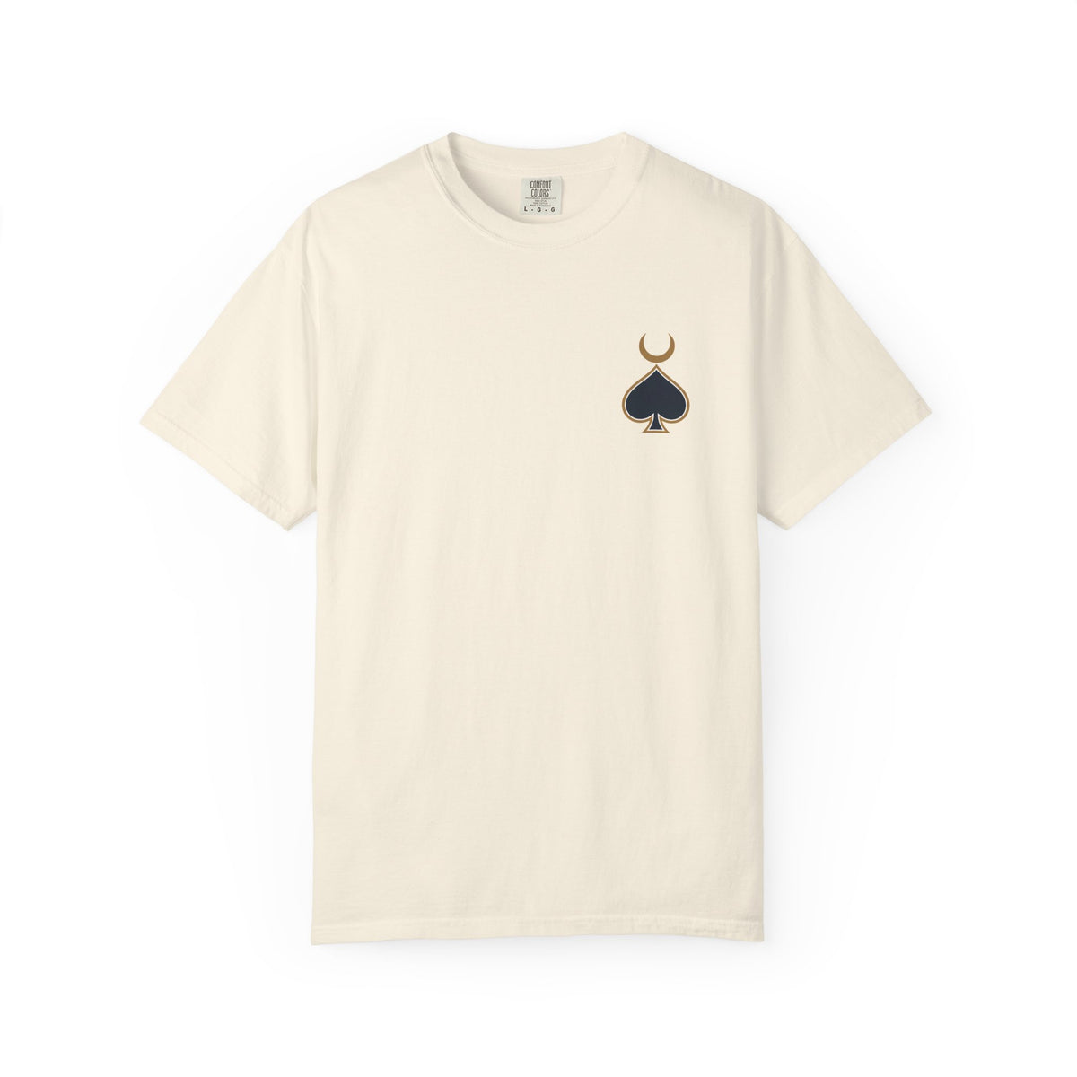Queen of Spades tee in Ivory, front crescent spade chest detail