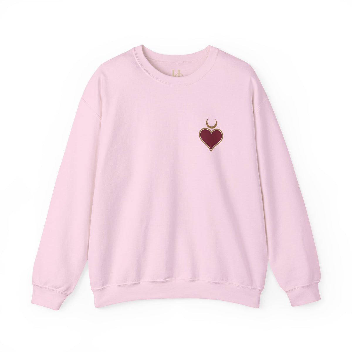 Queen of Hearts sweatshirt in Light Pink, front crescent heart chest detail