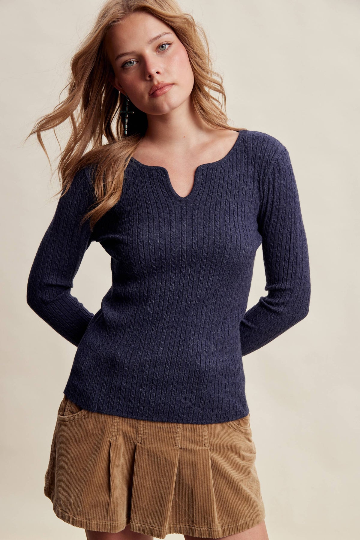 Ribbed V-Neck Knit Top, view 3 | Fitkitty Culture®