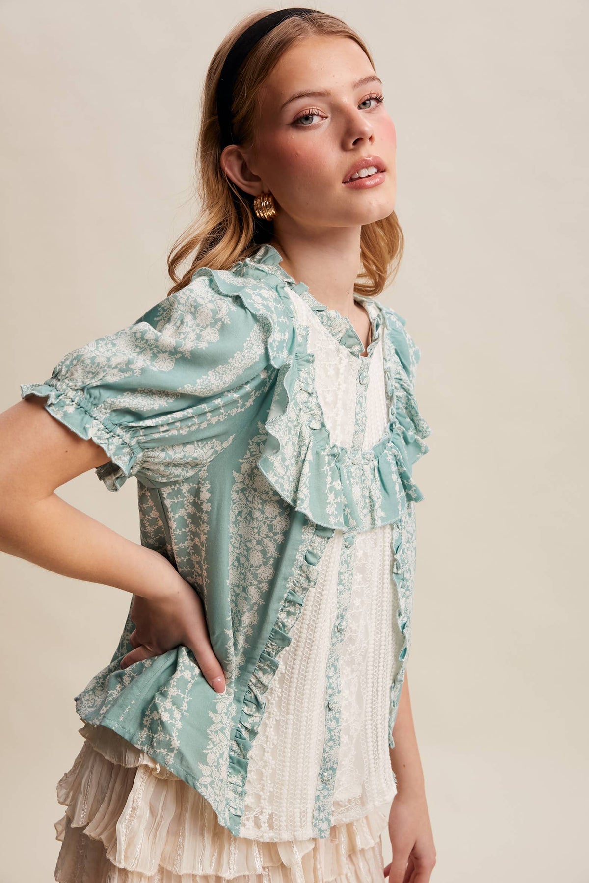 Mixed-Print Ruffle Yoke Blouse, view 18 | Fitkitty Culture®