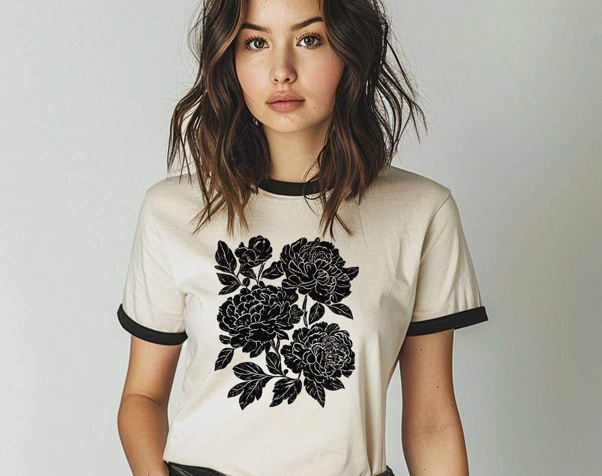 Retro Linocut Peonies Boho Ringer Tee | Fitkitty Culture®