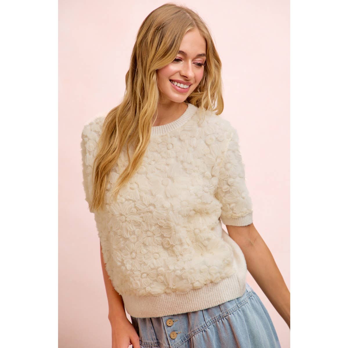 Ivory Bloom 3D Floral Knit Top, view 7 | Fitkitty Culture®