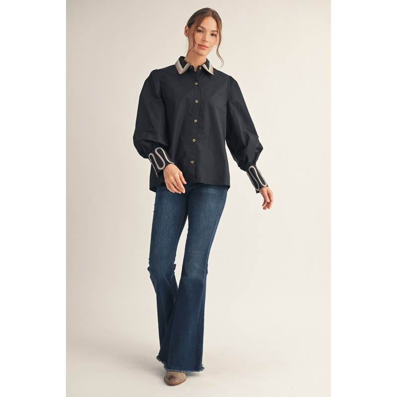 Embroidered Accent Puff Sleeve Button-Down Shirt - Fitkitty Culture Athleisure Wear, Yoga Wear &  Women's Clothing